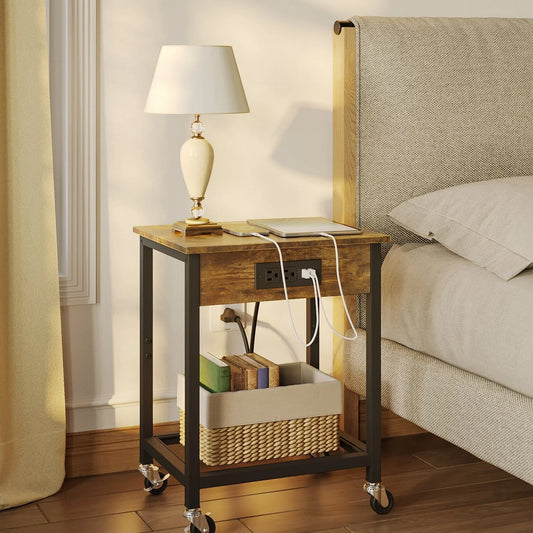 TC-HOMENY End Table with Charging Station & USB Ports, Side Table with Wheels & Storage Shelf Nightstand for Living Room Bedroom, Brown,Wood