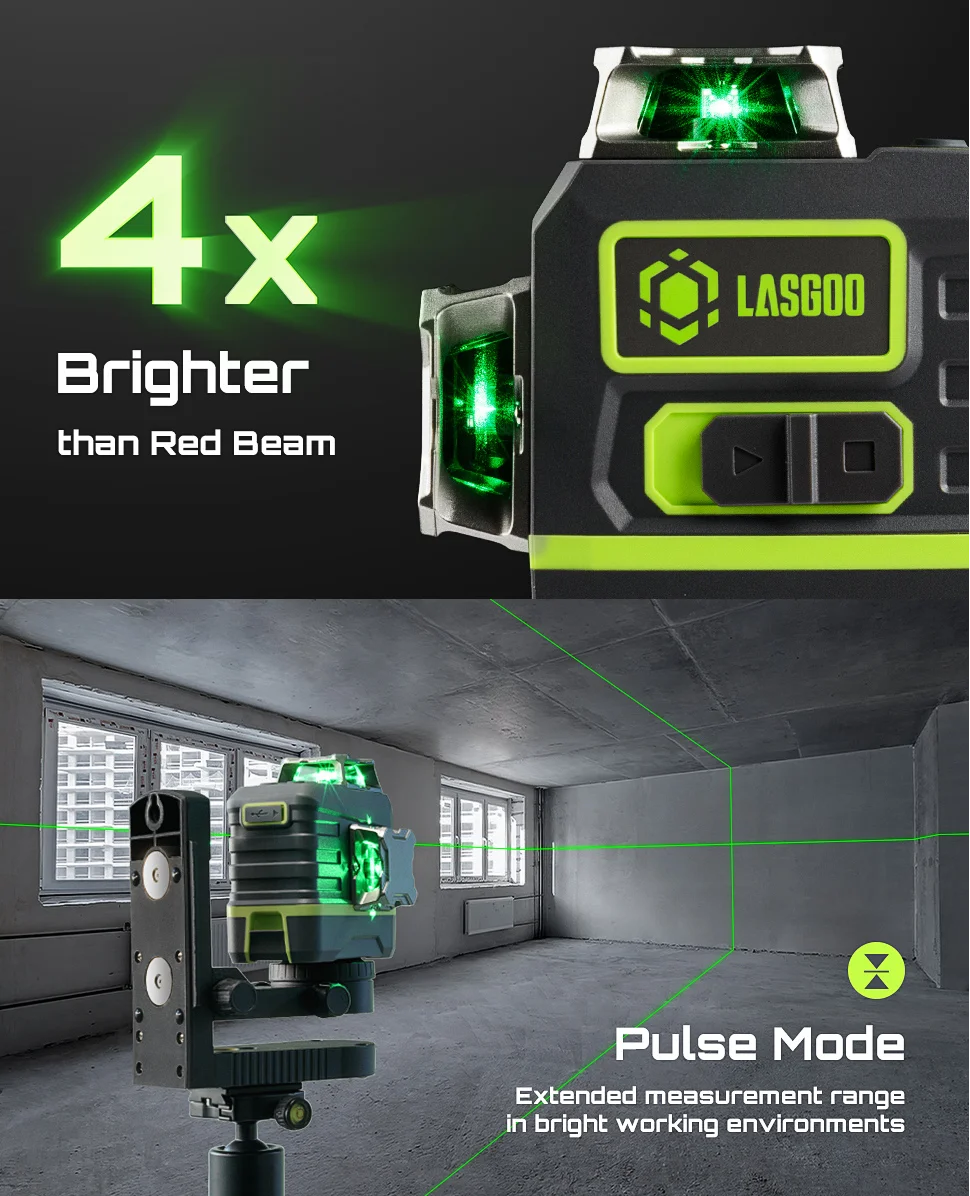 Laser Level 3x360? LASGOO with Remote Control, 2 Rechargeable Batteries, 100FT Range, 360? Magnetic Rotating Stand, IP54, 3Ds