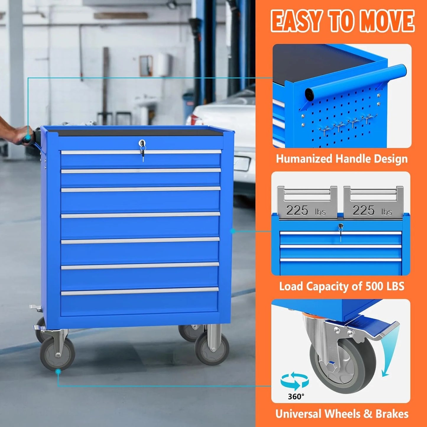 7 Drawers Large Capacity Rolling Tool Chest, Metal Tool Box with Wheels and Drawers, Tool Storage Cabinet with Keyed Locking, Tool Organizer Box for Garage, Workshop, Warehouse (Blue)