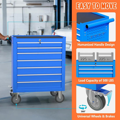 7 Drawers Large Capacity Rolling Tool Chest, Metal Tool Box with Wheels and Drawers, Tool Storage Cabinet with Keyed Locking, Tool Organizer Box for Garage, Workshop, Warehouse (Blue)