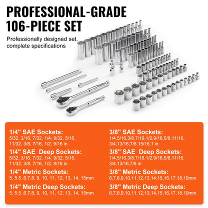 SKYSHALO Socket Set, 1/4" and 3/8" Drive Socket and Ratchet Set, 6-Point Socket Opening, 106 Pcs Tool Set SAE and Metric, Deep and Standard Sockets, 5/32-1 in, 5-19 mm for Auto Repairing & Household