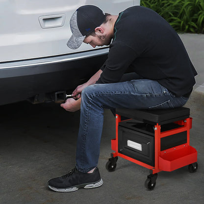 M-AUTO Adjustable Rectangular Roller Tool Box Padded Chair with Storage Tool Tray & Cabinet, 350 lbs Capacity with Casters - Red