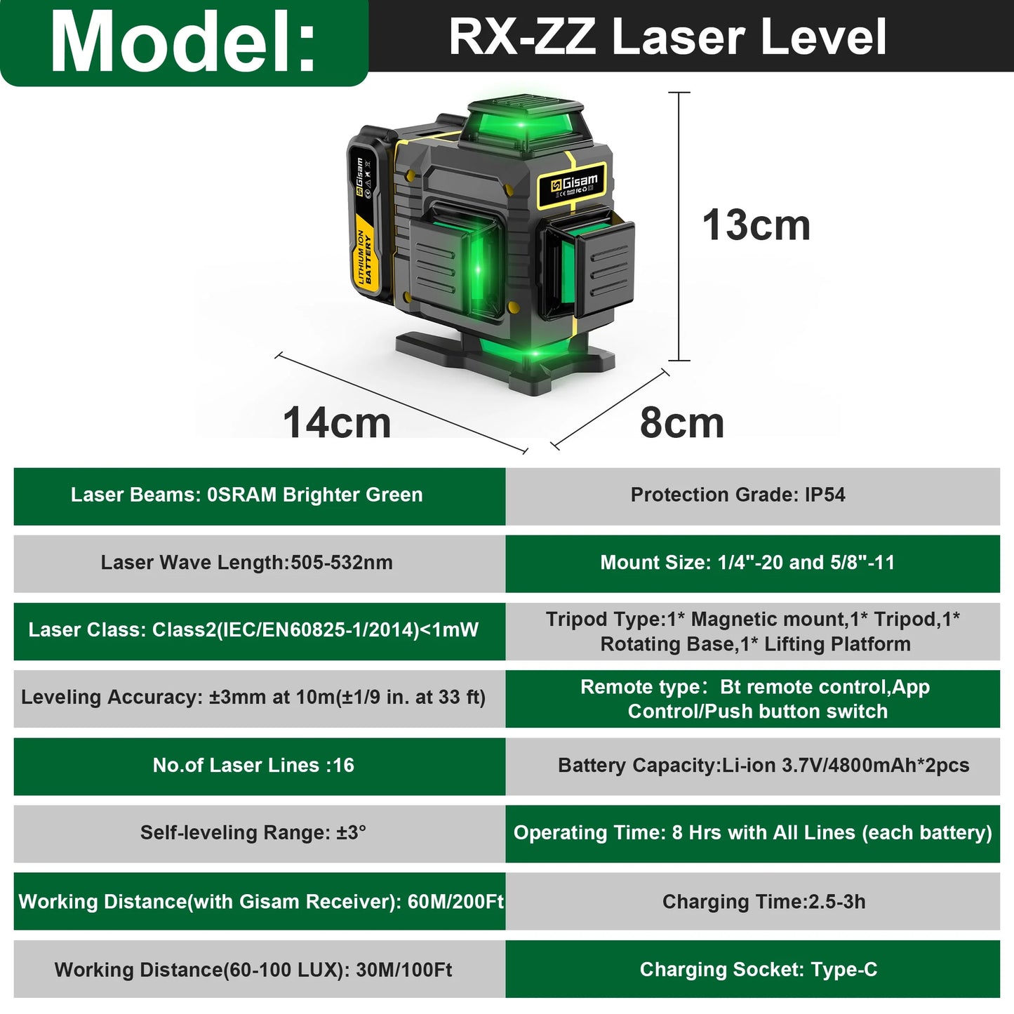 Gisam Laser Level with Tripod , 4x360? Self-Leveling Green Cross Line 4D Laser Tool with Remote Control & 2* 4800mAh Battery