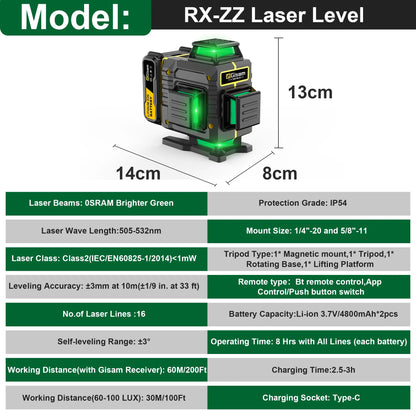 Gisam Laser Level with Tripod , 4x360? Self-Leveling Green Cross Line 4D Laser Tool with Remote Control & 2* 4800mAh Battery