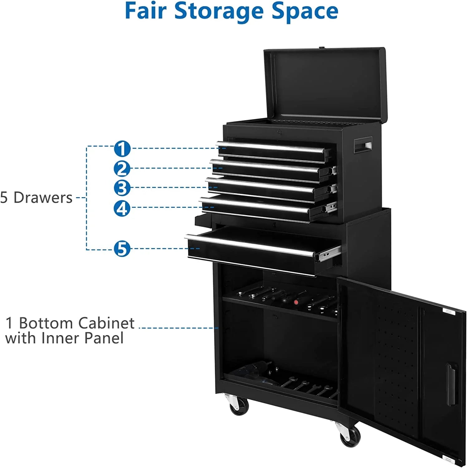 TUFFIOM 5-Drawer Rolling Tool Chest, Tool Storage Cabinet with Adjustable Shelf, Tool Organizer Box