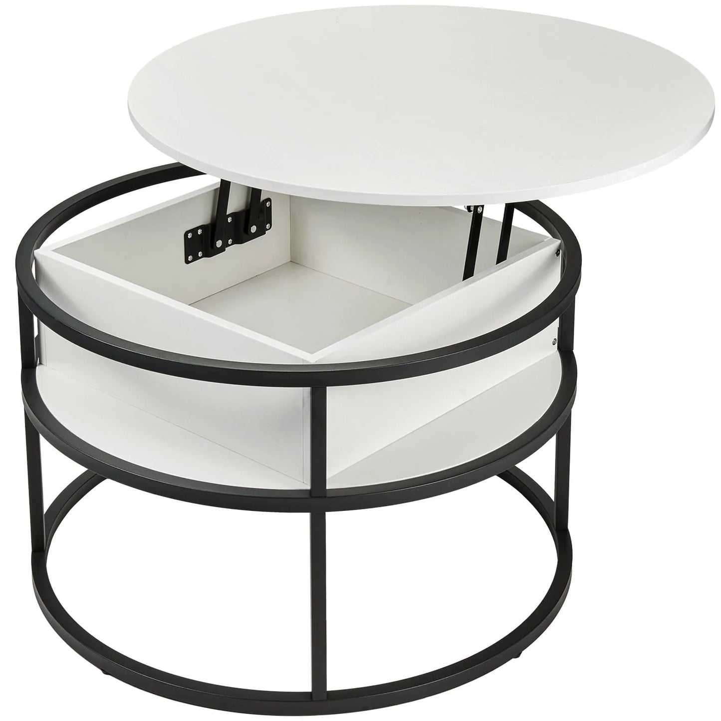 Round Lift Top Coffee Table with Storage, Industrial Wood Coffee Table with Metal Frame for Living Room, White