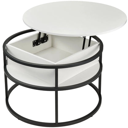 Round Lift Top Coffee Table with Storage, Industrial Wood Coffee Table with Metal Frame for Living Room, White