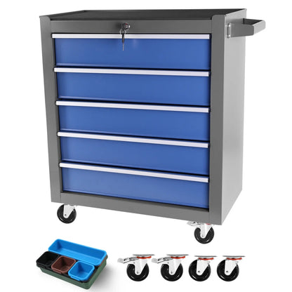 5-Drawer Portable Tool Box, Steel Rolling Tool Chest with 7 Drawer Organizer, 360-Degree Wheels & 360-Degree Brake Wheels, Lockable & Movable Tool Cabinet for Workshop, Garage, Warehouse, Blue + Grey