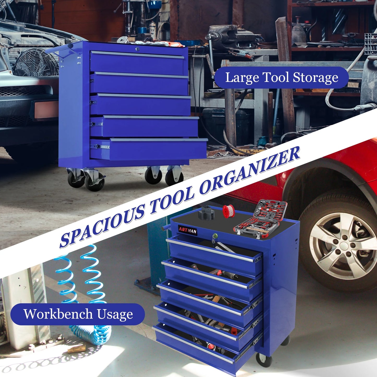 Seizeen Tool Box for Garage Organization, Heavy-Duty Red Tool Chest 5 Storage Drawer, Rooling Tool Cart Lockable for Repair Shop, Smooth Ball-Bearing Drawers