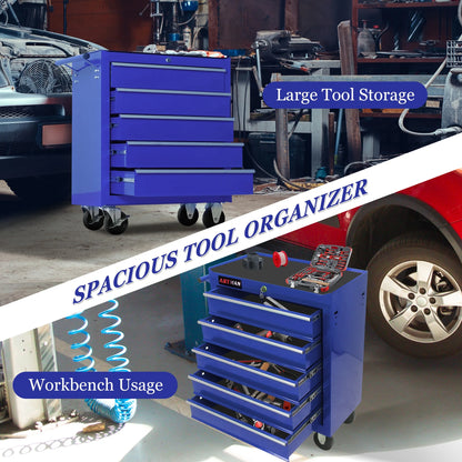 Seizeen Tool Box for Garage Organization, Heavy-Duty Red Tool Chest 5 Storage Drawer, Rooling Tool Cart Lockable for Repair Shop, Smooth Ball-Bearing Drawers