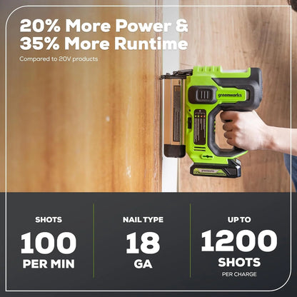 Greenworks 24V 18GA Brushless Brad Nailer, Cordless Staple Gun, Tool Only