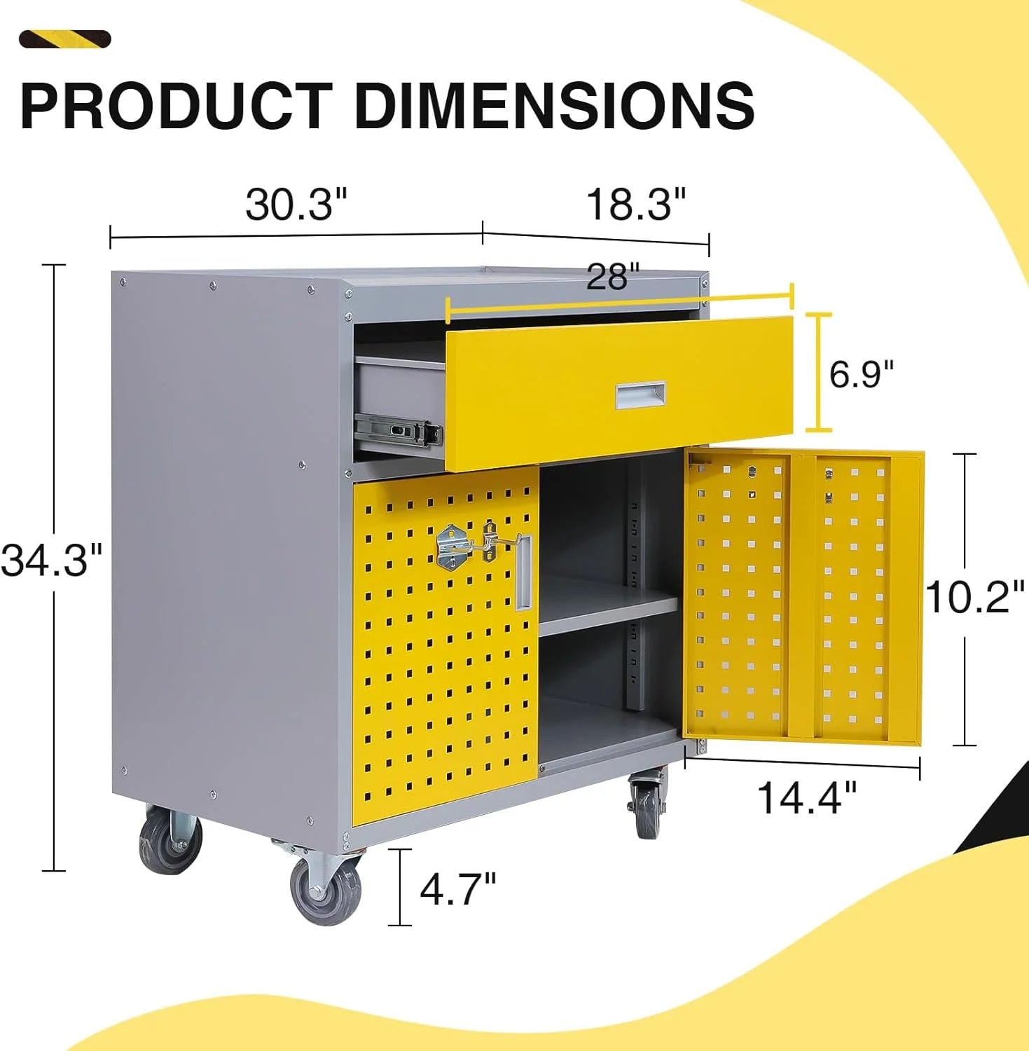 walsport Tool Chest, Rolling Storage Cabinet with Lockable Wheels with 1 Drawer & 2 Doors 1 Adjustable Shelf & 4 Hanging Hooks, Yellow
