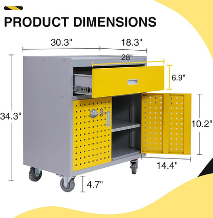 walsport Tool Chest, Rolling Storage Cabinet with Lockable Wheels with 1 Drawer & 2 Doors 1 Adjustable Shelf & 4 Hanging Hooks, Yellow