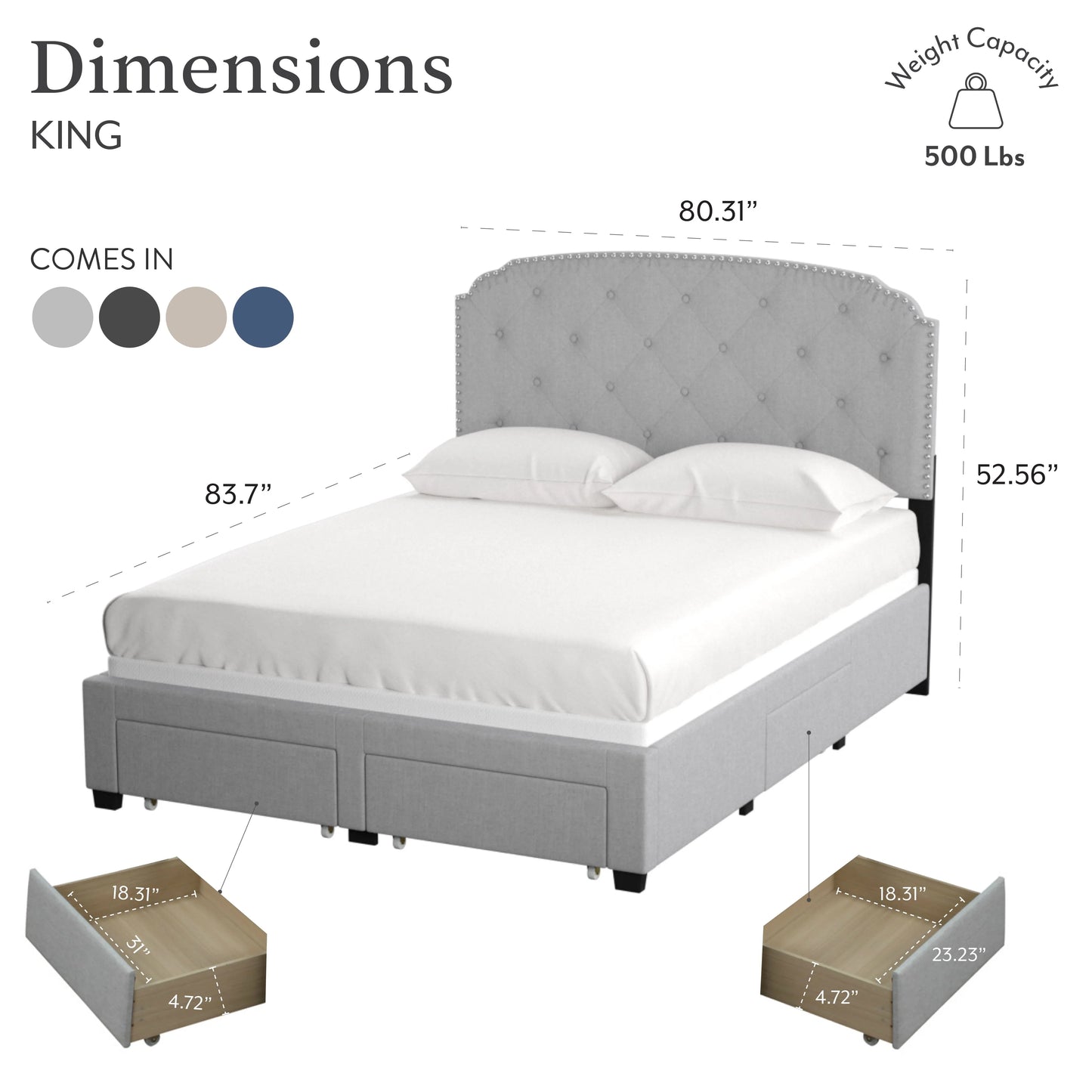 DG Casa Argo Tufted Upholstered Panel Bed Frame with Storage Drawers and Nailhead Trim Headboard, King Size Storage Bed in Platinum Linen Style Fabric
