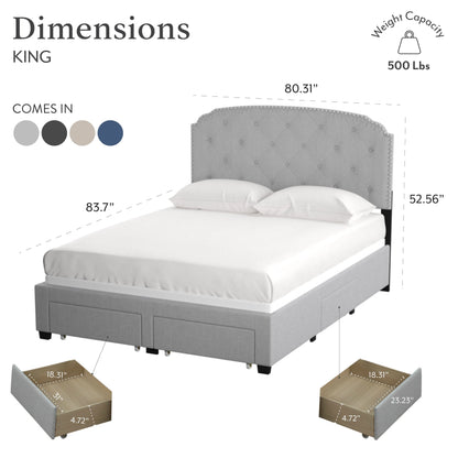 DG Casa Argo Tufted Upholstered Panel Bed Frame with Storage Drawers and Nailhead Trim Headboard, King Size Storage Bed in Platinum Linen Style Fabric