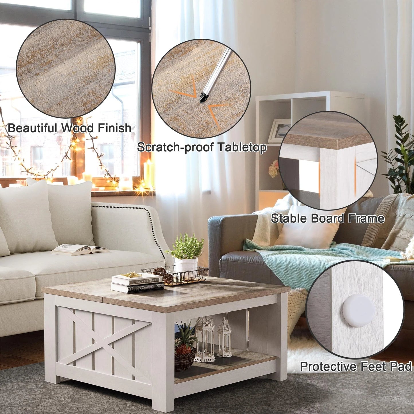 Dextrus Coffee Table with Storage, Square Wood Farmhouse Coffee Table with Barn Door for Living Room, Grey Wash