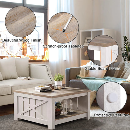 Dextrus Coffee Table with Storage, Square Wood Farmhouse Coffee Table with Barn Door for Living Room, Grey Wash