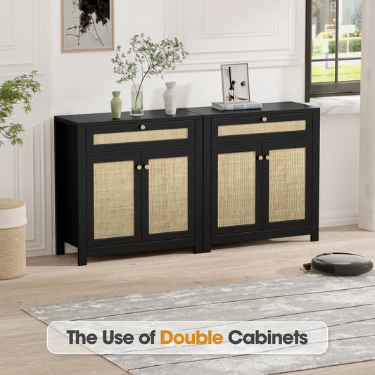 Eumyviv Black Sideboard Buffet Storage Cabinet with Door and Drawer, Natural Rattan Kitchen Accent Storage Cabinet Free Standing, Black H0085