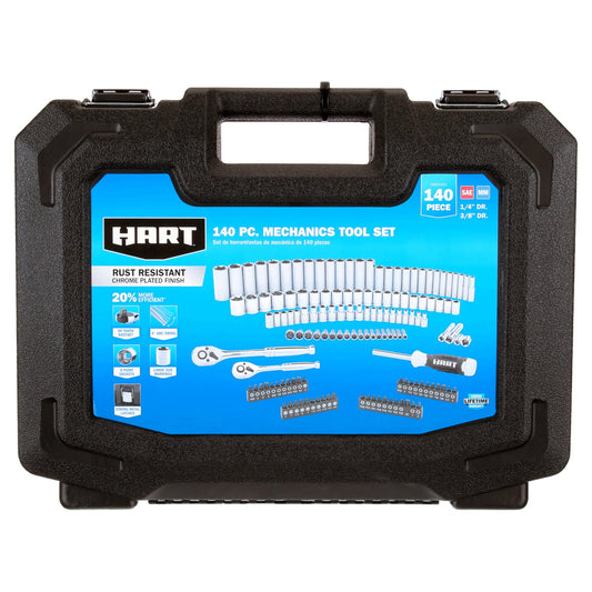 HART 140-Piece 1/4 and 3/8-inch Drive Mechanics Tool Set, Chrome Finish, SAE & Metric