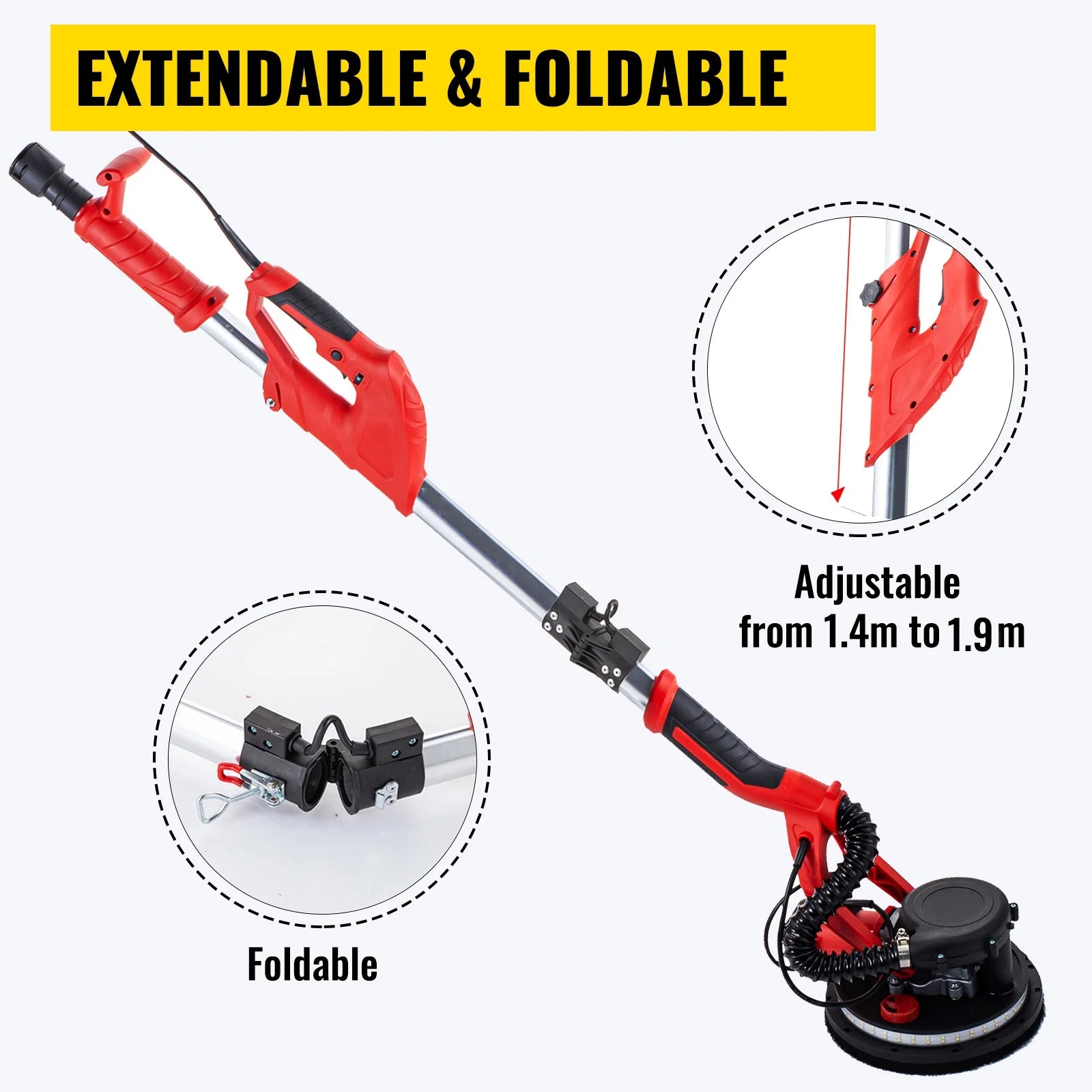 BENTISM Drywall Sander 850W, Electric Drywall Sander, Variable Speed 800-1750 RPM, Foldable Sheetrock Sander, with Telescope Handle, Electric Sander, with LED Strip Light and Vacuum Bag, Wall Sander