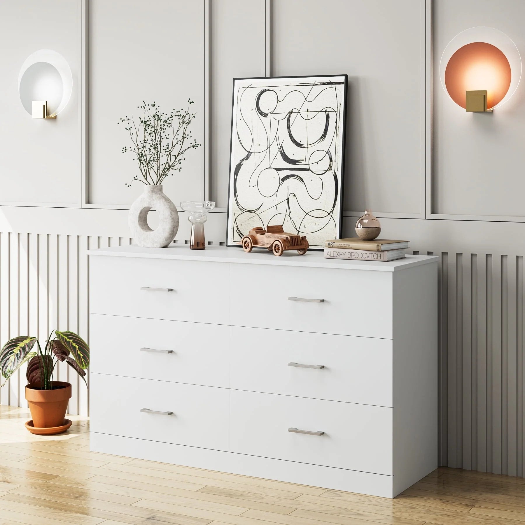 Homfa 6 Drawer White Double Dresser, Wood Storage Cabinet with Easy Pull Out Handles for Living Room, Chest of Drawers for Bedroom