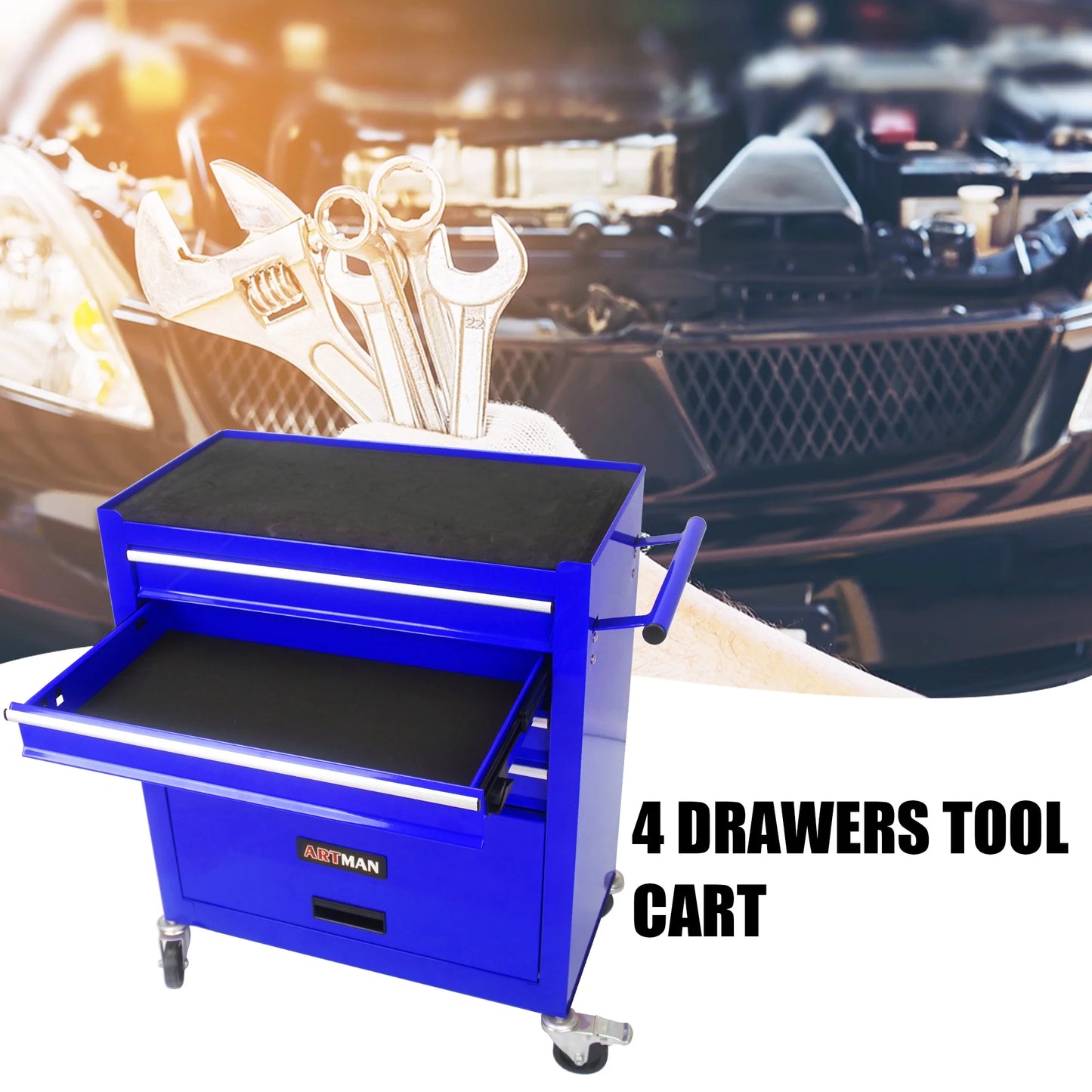 Aukfa Tool Chest, 24.5 in Steel Rolling Tool Box & Cabinet On Wheels for Garage, 4-Drawer, Blue